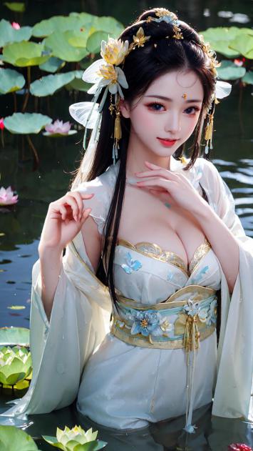 古风汉服美女立于荷塘，仙气飘飘如画中人