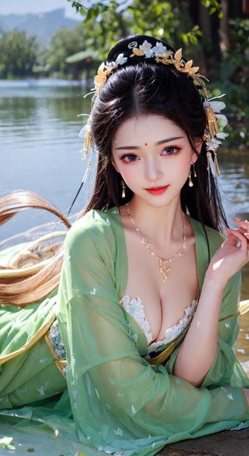 翠衣仕女临湖照，古韵悠然动人心