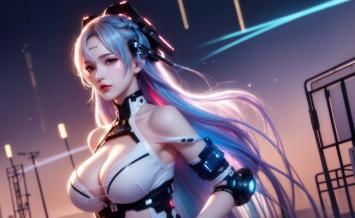 赛博朋克女战士霓虹夜景插画