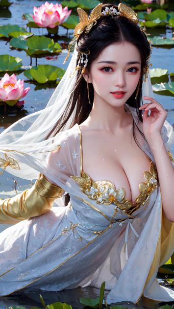 古风仕女荷塘写真，金饰华裳映莲池