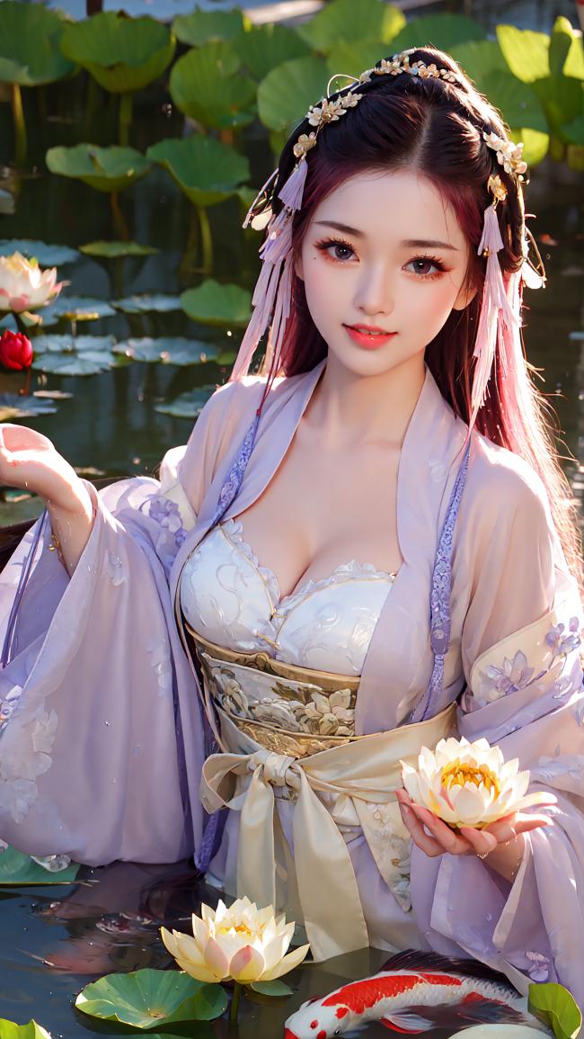古风仕女持莲立荷塘，锦鲤游影映柔光