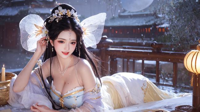 雪夜古风仕女写真，汉服华裳映烛光