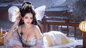 雪夜古风仕女写真，汉服华裳映烛光