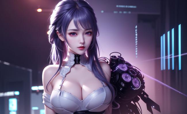 赛博朋克紫发女战士霓虹夜景图