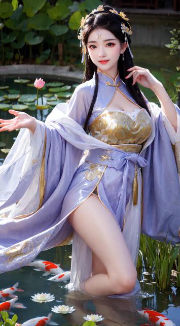 紫衣仙子荷塘跪坐图