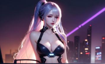 赛博朋克银发女战士霓虹夜景插画