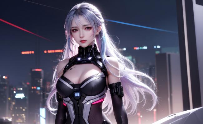 赛博朋克银发女战士霓虹夜景图