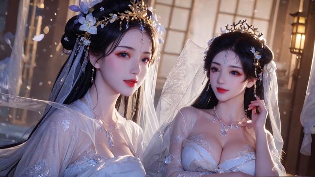 古风汉服新娘双人肖像，柔光花瓣飘洒唯美瞬间