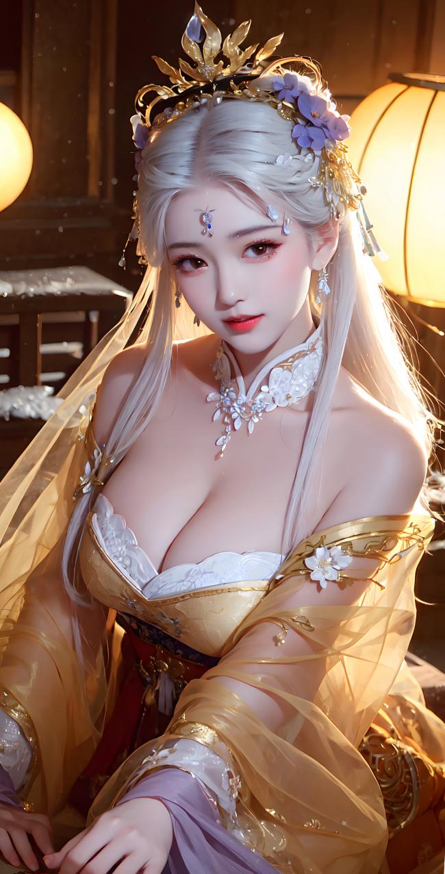 银发仙姬持灯而立，华服鎏金映月辉