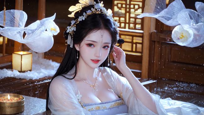 雪夜汉服仕女·水墨写真风