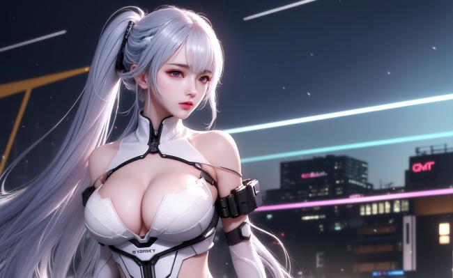 赛博朋克银发女战士霓虹夜景图