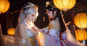 古风双姝灯笼夜语图