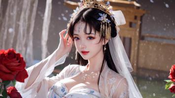 古风仕女水墨写真，红玫瑰伴飞花