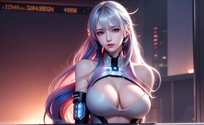 赛博朋克银发女战士特写夜景图