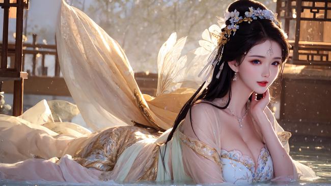 古风仙女水中写真，仙气飘飘柔纱轻舞