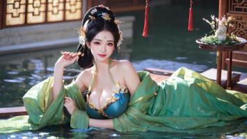 青绿汉服仕女临水写真图