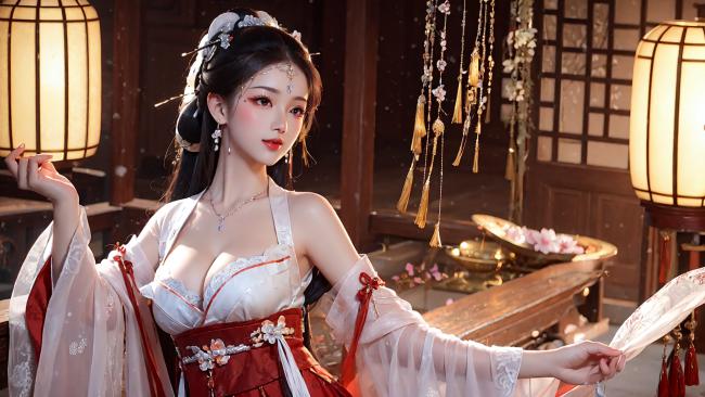 古风仕女持扇轻摇，灯笼映照汉服华章