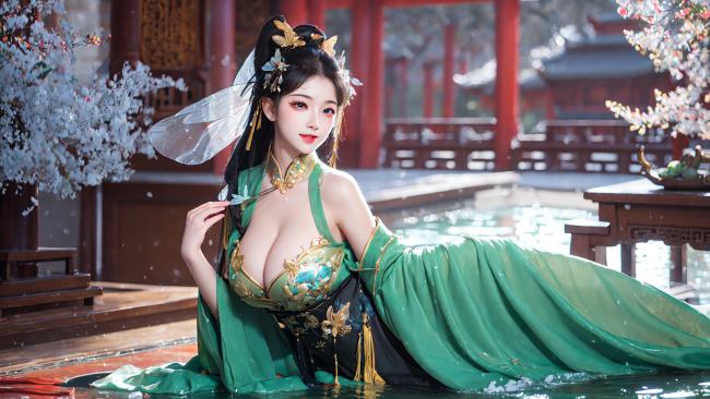 绿裙仙子映水庭，汉服写真唯美如画