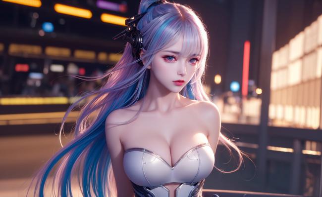 赛博朋克蓝发女战士霓虹夜景图