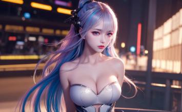 赛博朋克蓝发女战士霓虹夜景图