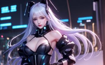 赛博朋克银发女战士霓虹夜景图