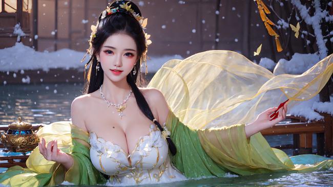 雪中温泉古风仕女图