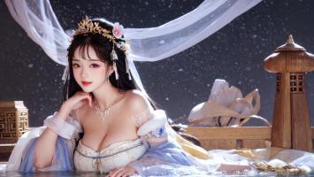 雪夜汉服美人静坐庭院图