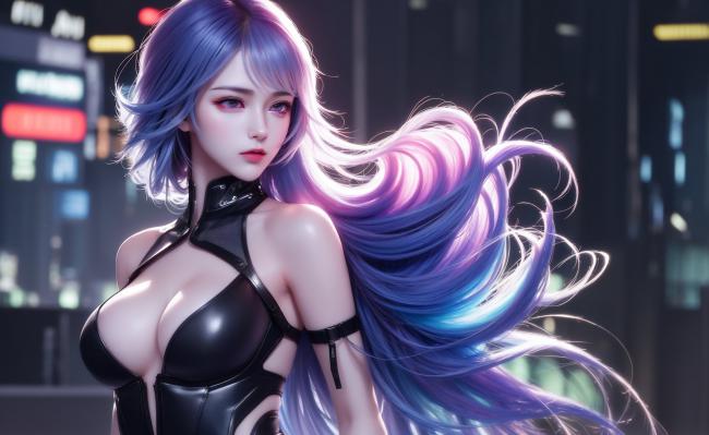 霓虹赛博女战士：蓝紫长发动感十足