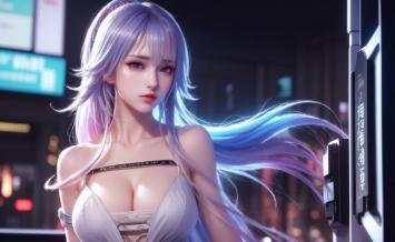 霓虹夜街赛博少女，银蓝长发闪耀未来感