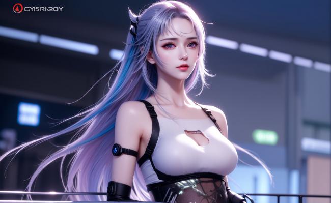 赛博朋克银发女战士，霓虹都市中的科技女神