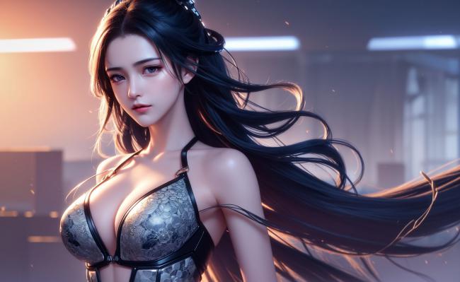 赛博朋克黑发女战士：光影交织的未来诱惑