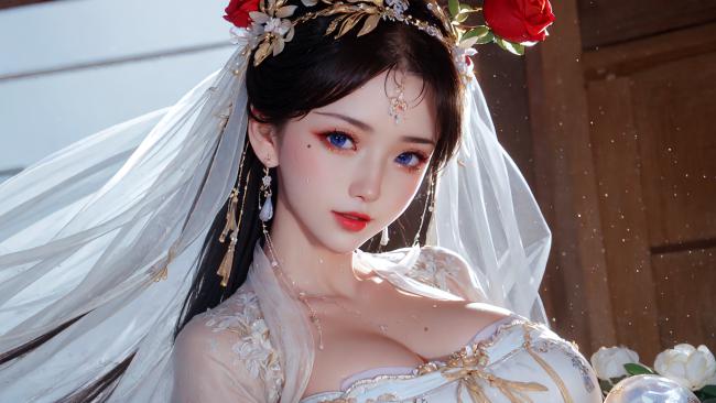 古风新娘写真：红玫瑰冠冕下的柔光美人