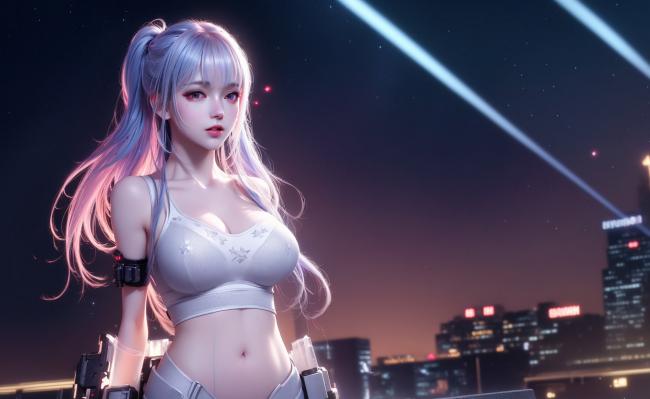 赛博朋克女战士霓虹夜景插画