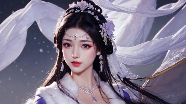 仙侠美人雪中立，汉服华裳映寒光