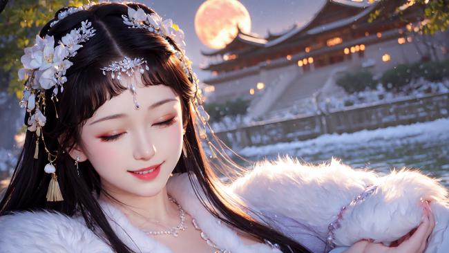 雪夜古风仕女抱狐赏月图