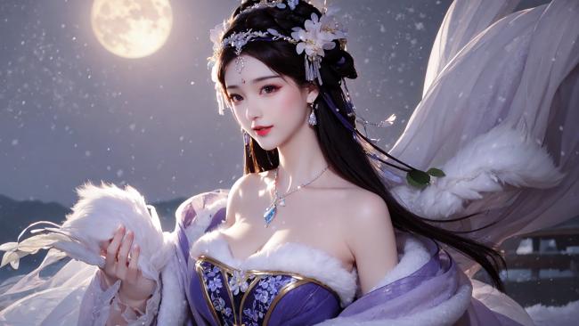 月夜雪中仙子，紫袍飘雪，梦幻仙侠风
