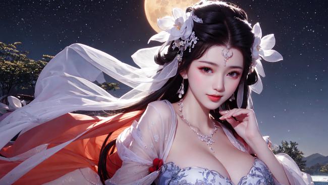 月下仙子汉服写真，飘逸衣袂映月华