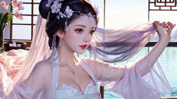 古风仕女轻扬纱袖，窗边水景映柔光