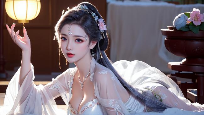 古风汉服美女持灯静坐图