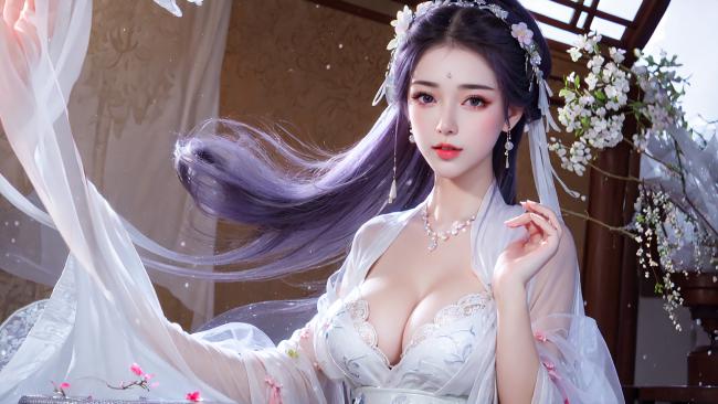 古风汉服美女立于花窗前，紫发飘逸神情婉约