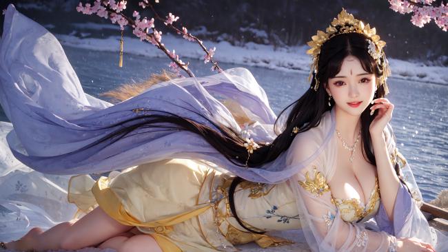 雪湖樱下汉服仙子，水墨写真唯美瞬间