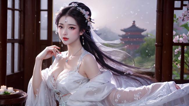 古风仕女窗前赏樱图