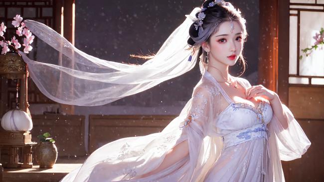 古风仕女汉服写真，樱花庭院轻纱飘逸