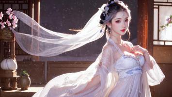 古风仕女汉服写真，樱花庭院轻纱飘逸