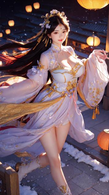 雪夜灯笼下的仙侠汉服少女