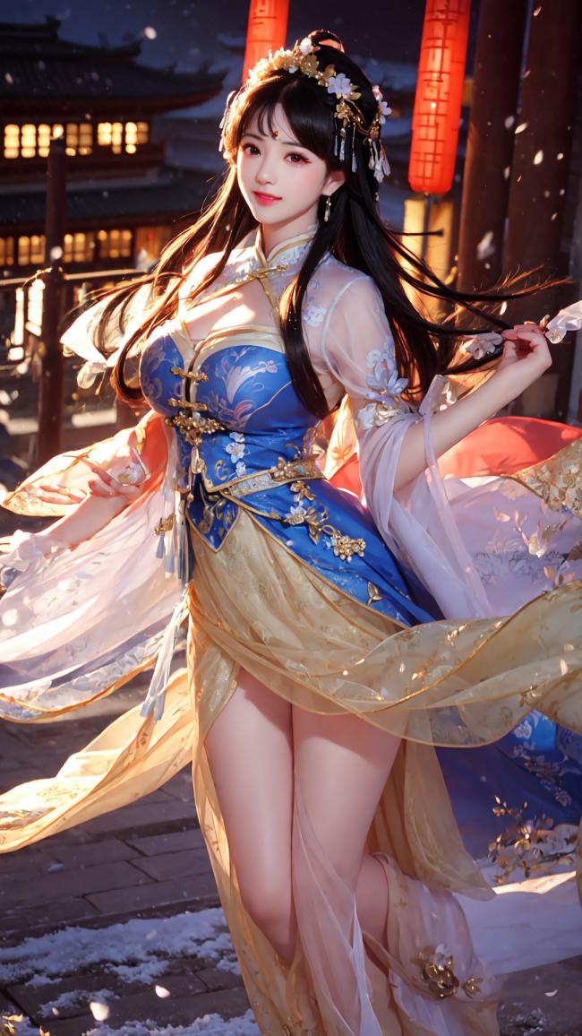 雪夜古街汉服少女写真