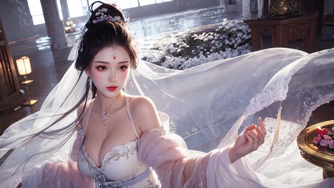 古风仙子轻纱舞，汉服华裳映花庭