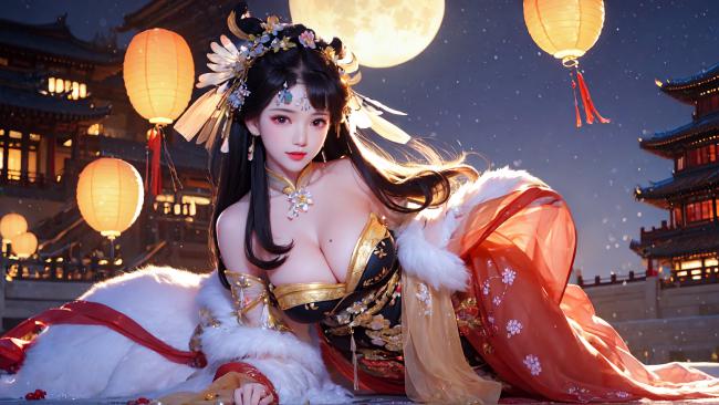 月下汉服美人倚雪而卧，灯笼映月意境唯美