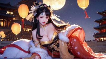 月下汉服美人倚雪而卧，灯笼映月意境唯美