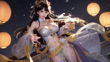 仙侠女神灯笼夜景插画